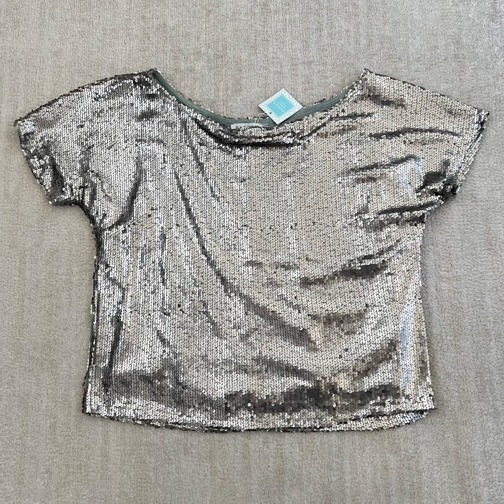 NWT Hayden Sequin Silver Metallic Cocktail Party Short Sleeve Blouse Top M